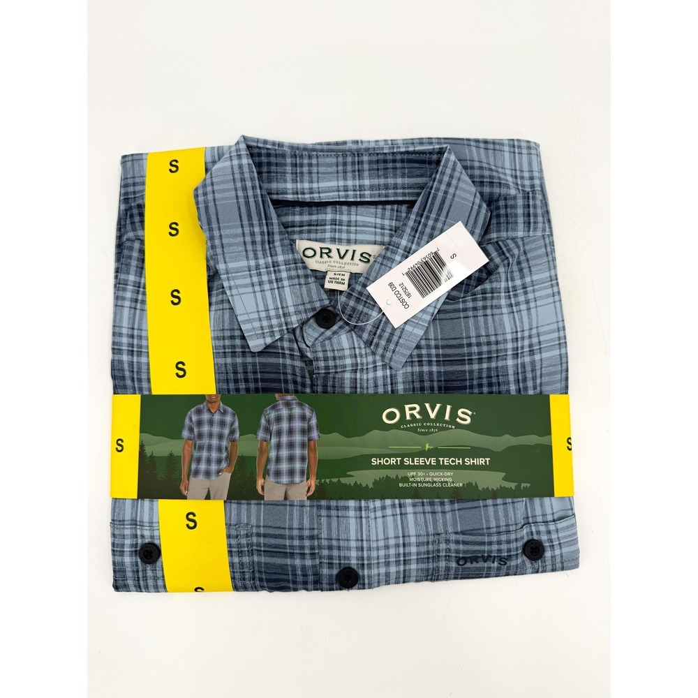 New Orvis Short Sleeve Tech Shirt Mens Small Blue Plaid UPF 50 Quick Dry Fishing